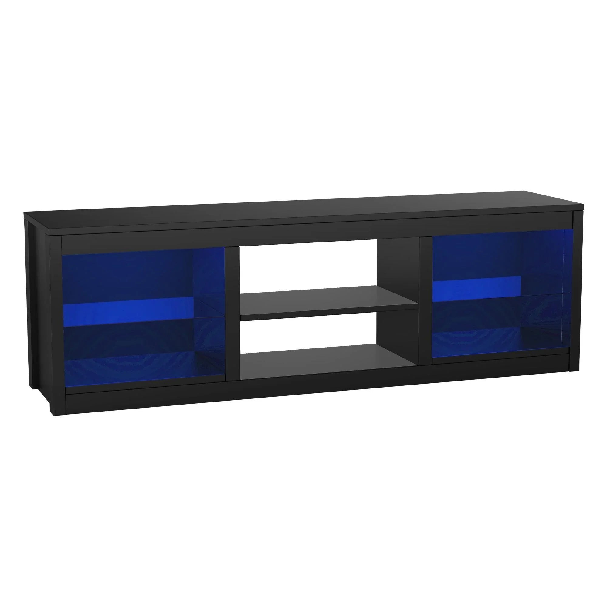 Black TV stand with blue glass-style side panels and center open shelf