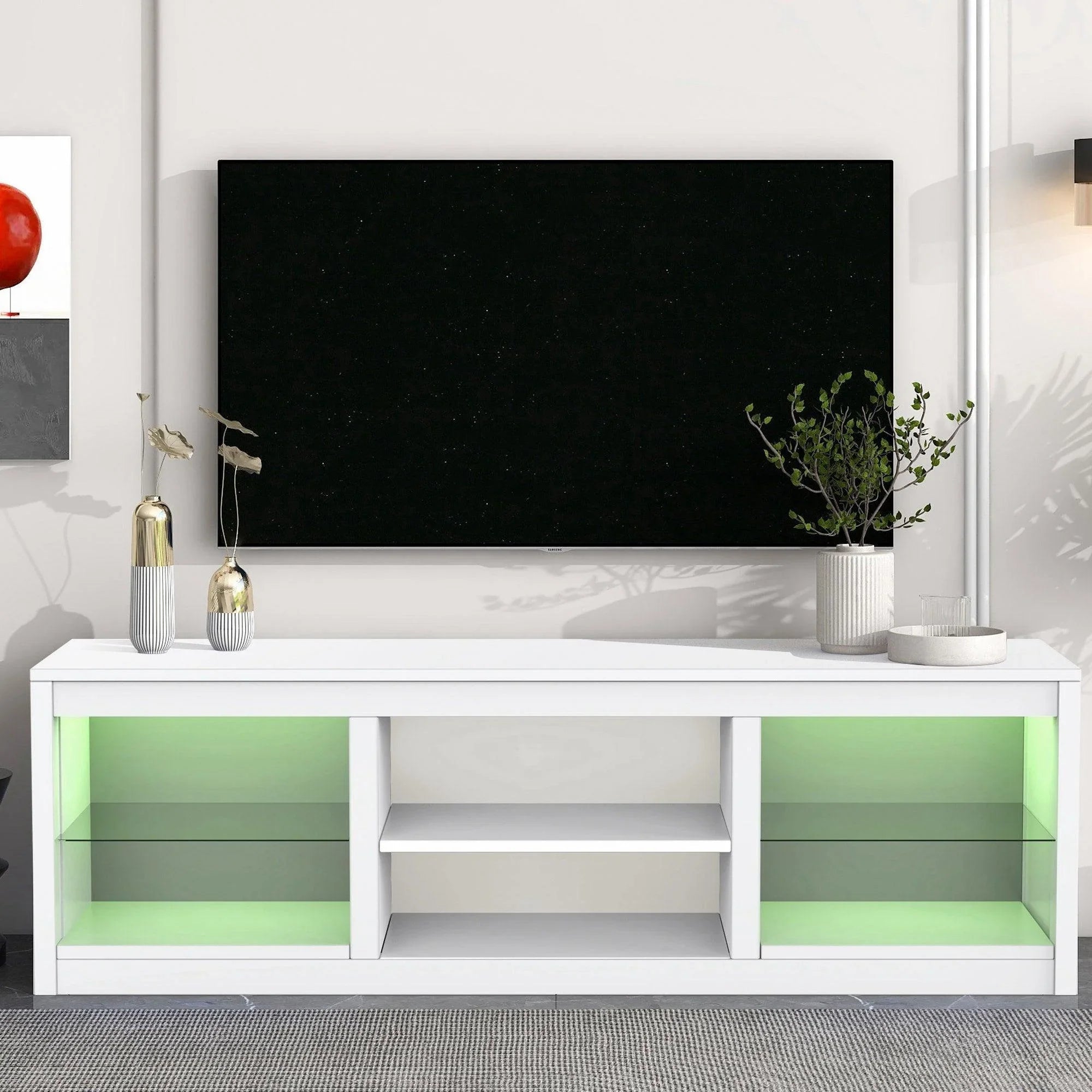 White LED TV stand with glass shelves and green lighted interior compartments