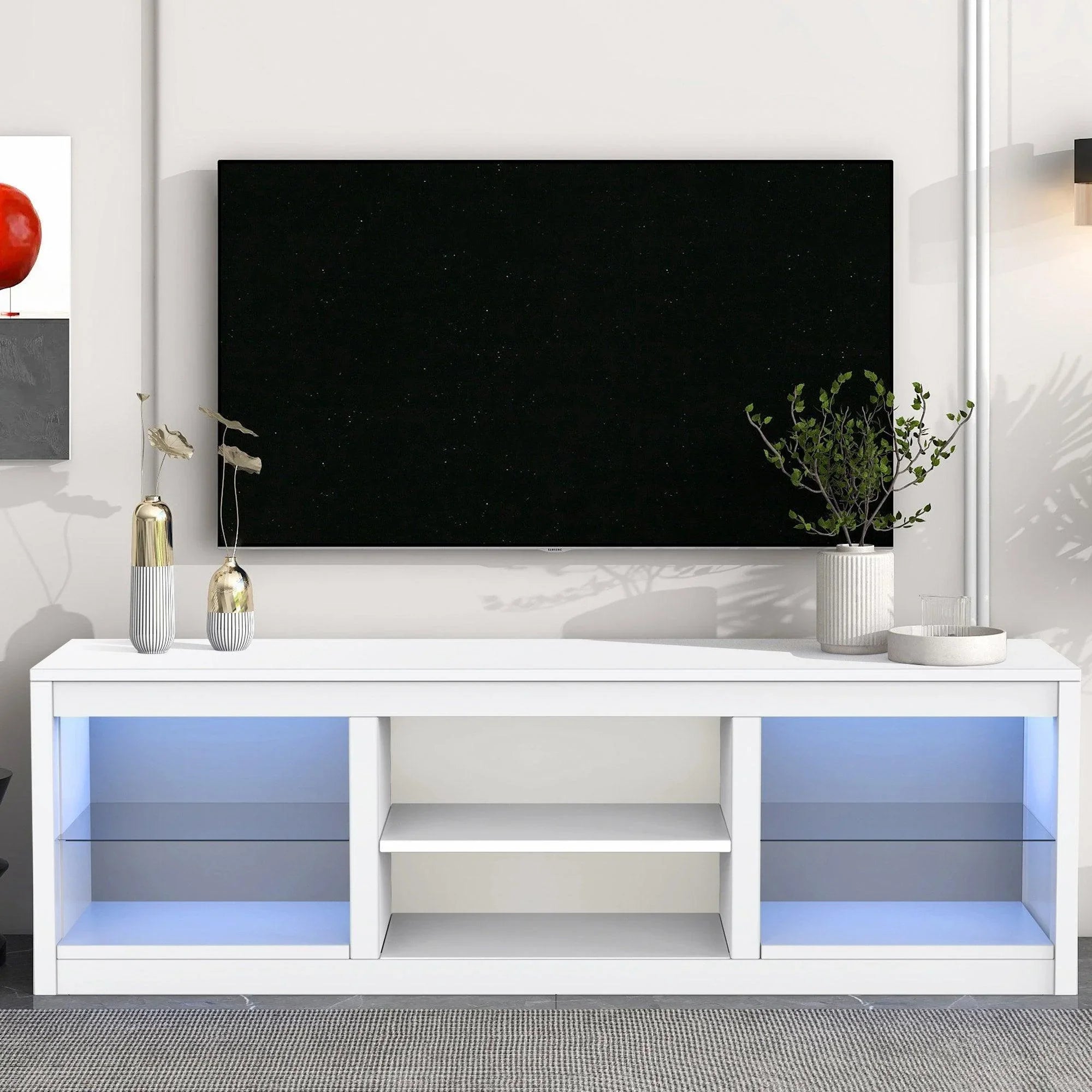 White LED TV stand with glass shelves and blue lighted interior compartments