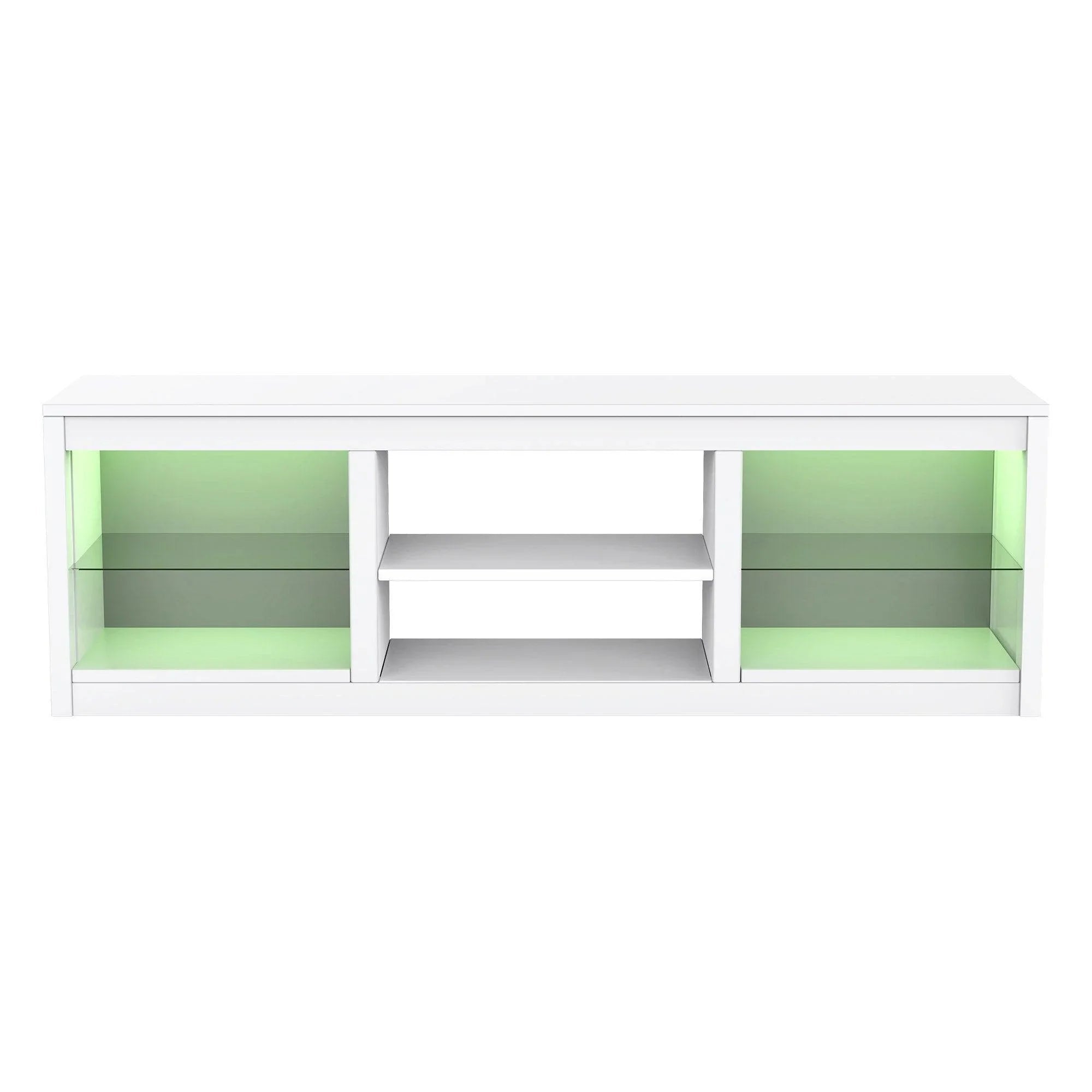 White LED TV stand with glass shelves and green lighted interior storage