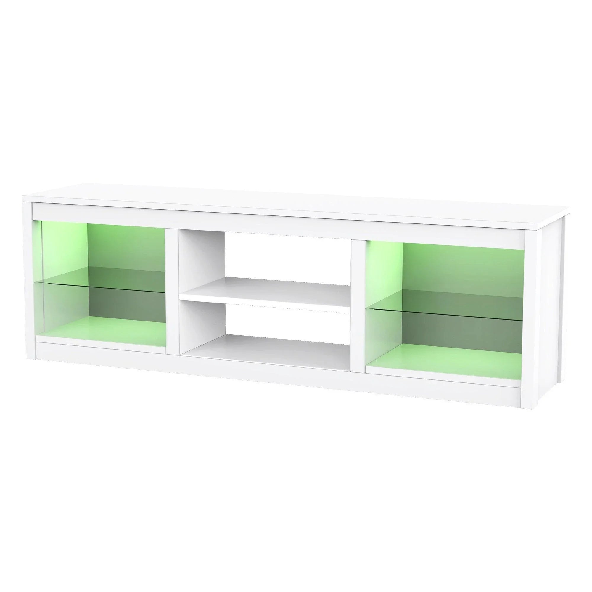 White TV stand with green glass-style side panels and center open shelf