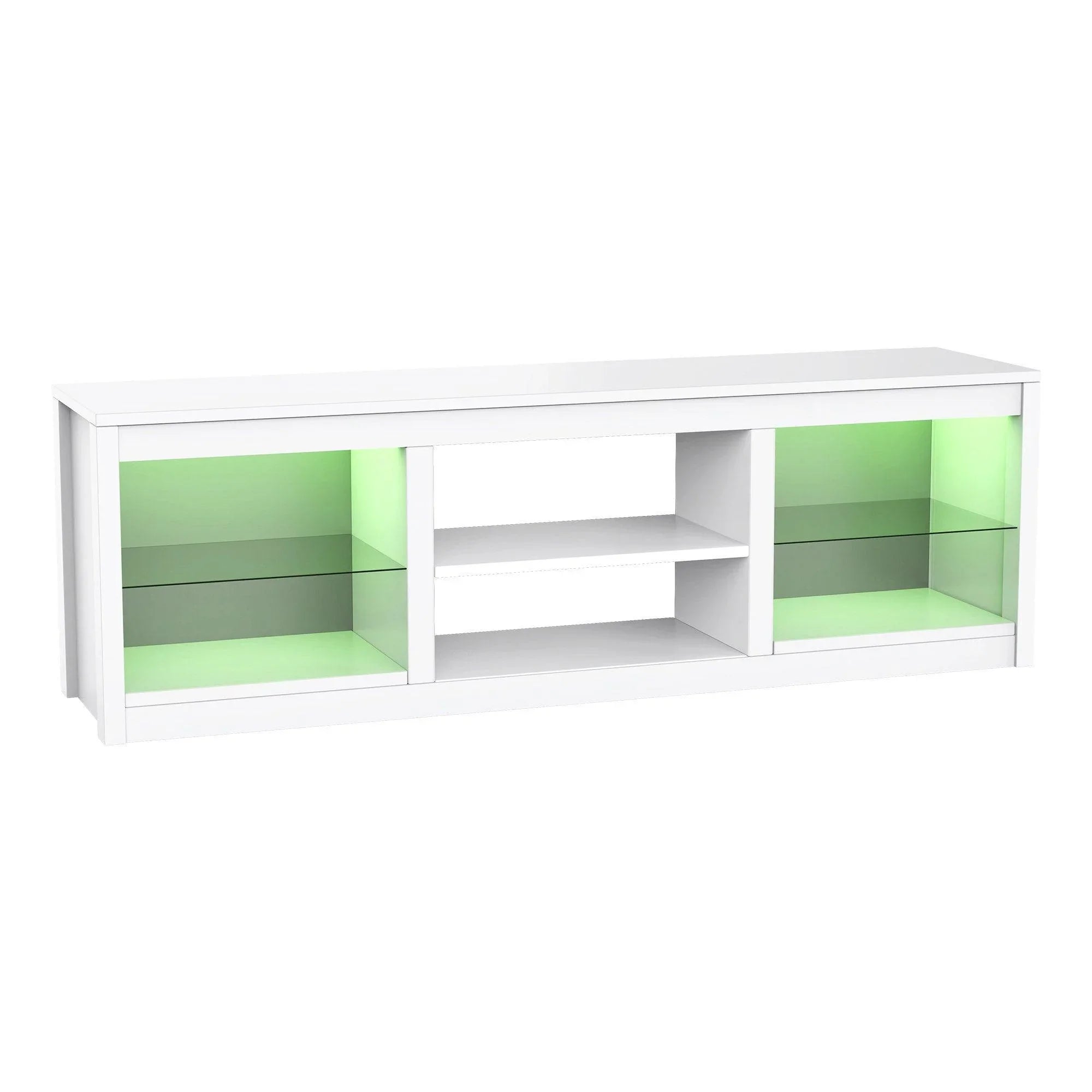 White LED TV stand with glass shelves and green lighted side display compartments