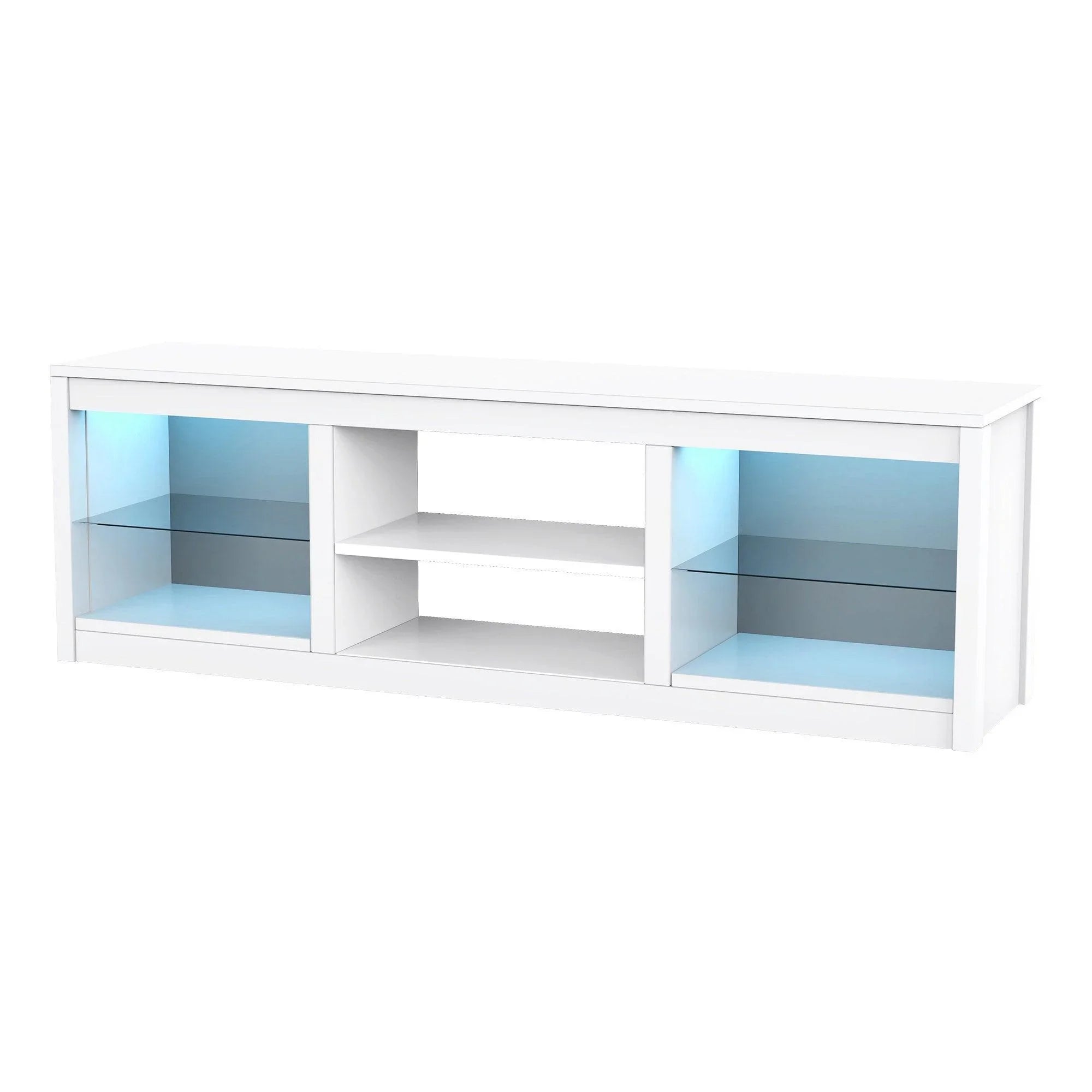 White LED TV stand with glass shelves and blue lighted side display compartments