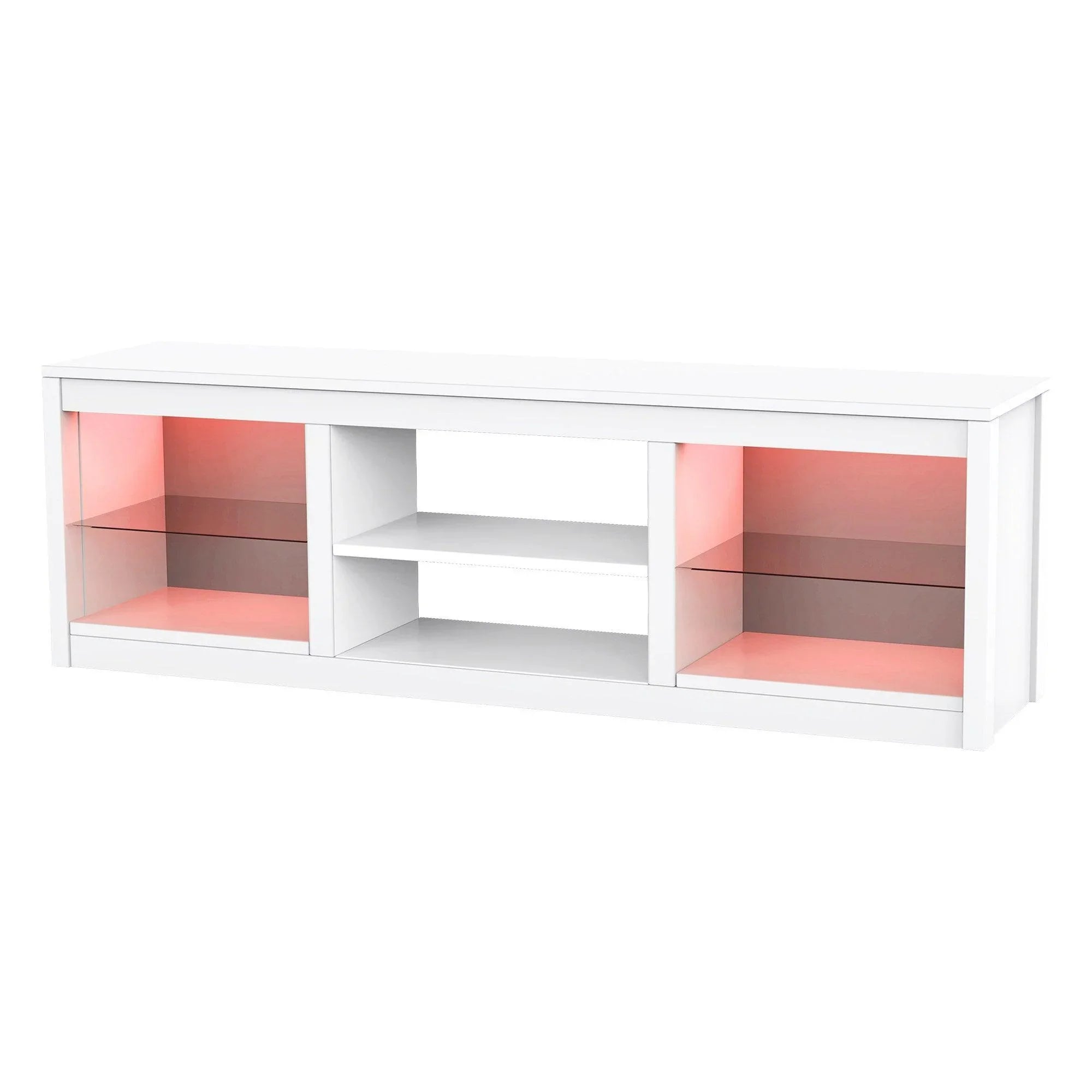 White LED TV stand with glass shelves and red lighted side display compartments