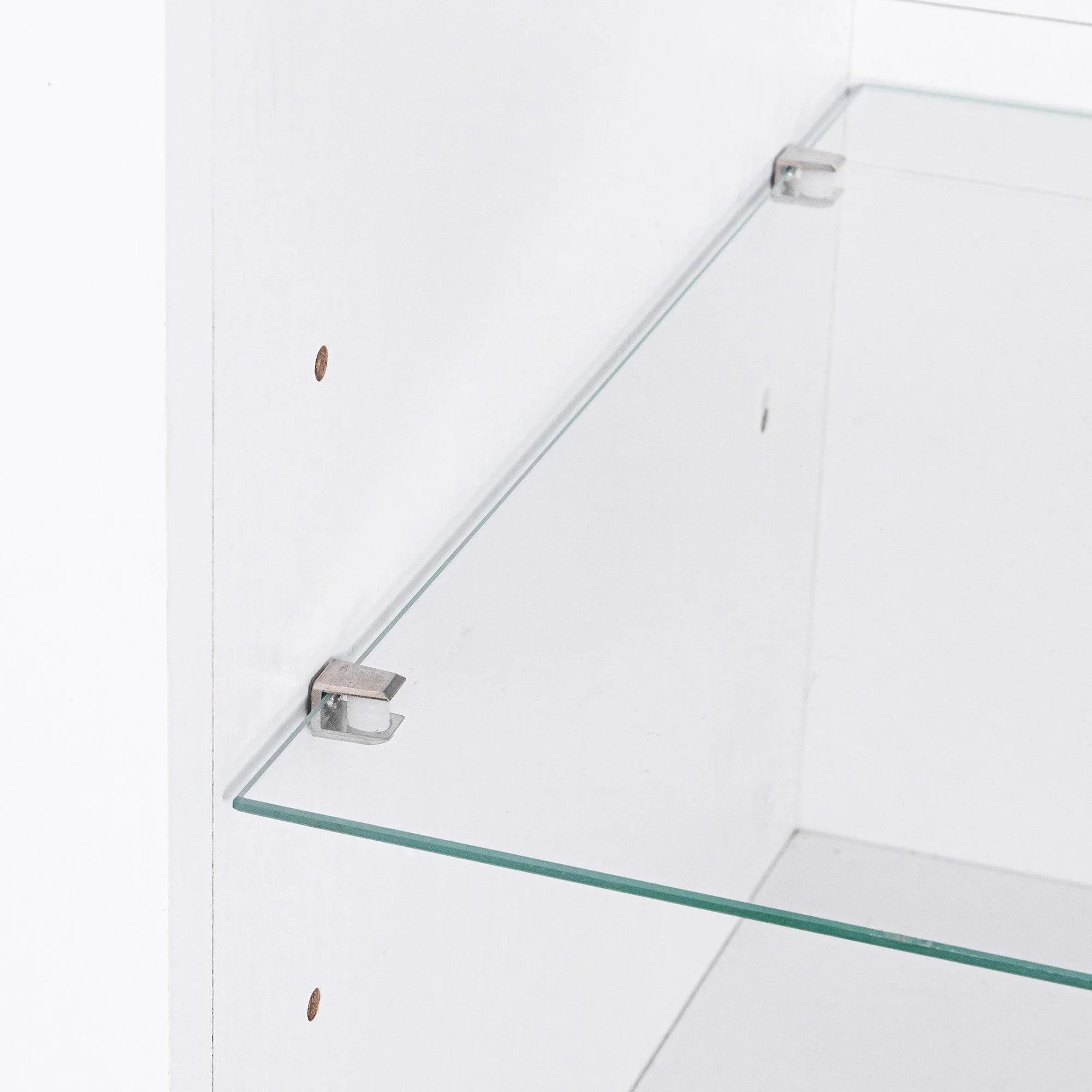Glass shelf with metal support bracket on white LED TV stand