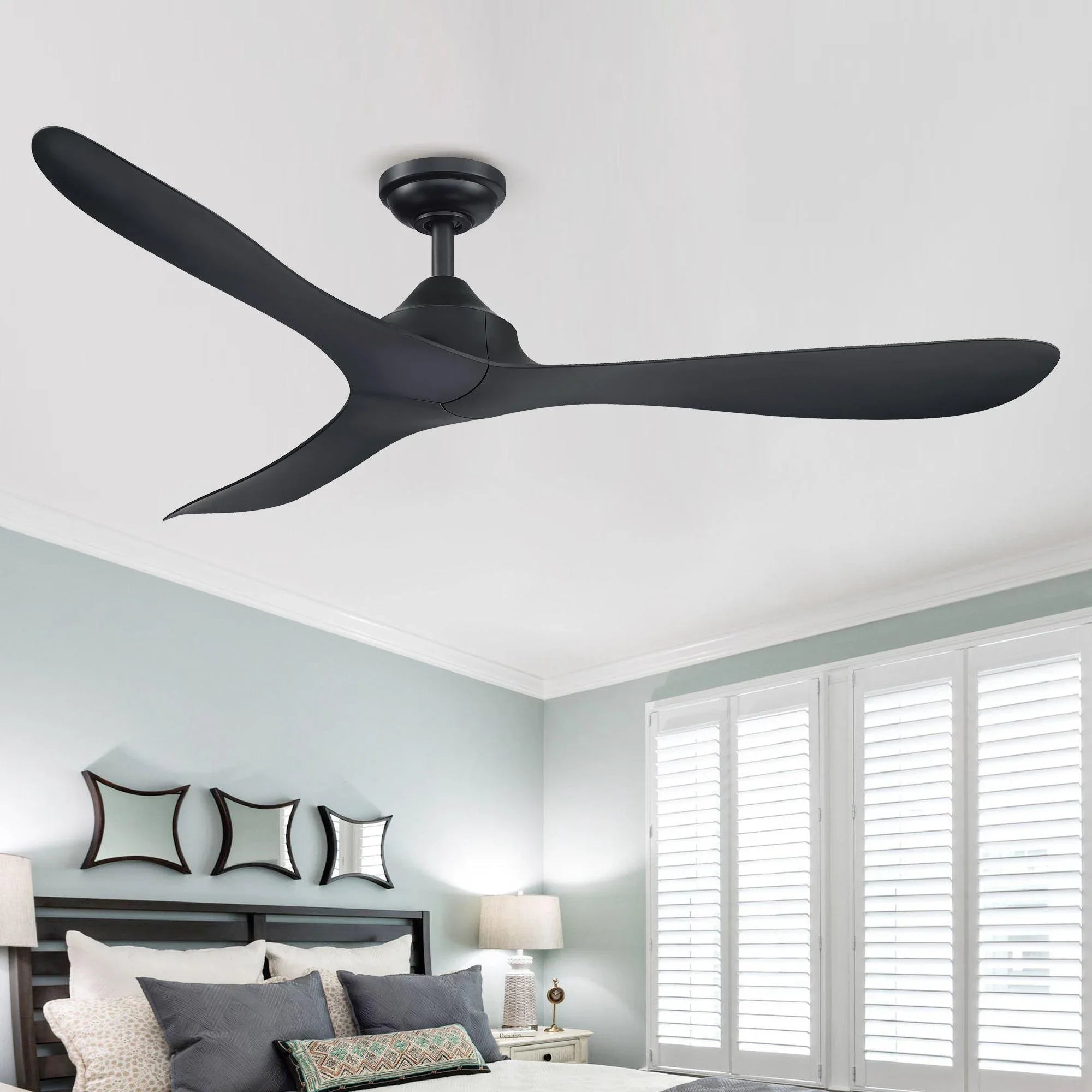 Black modern ceiling fan with 5 blades and downrod mount on a white ceiling.