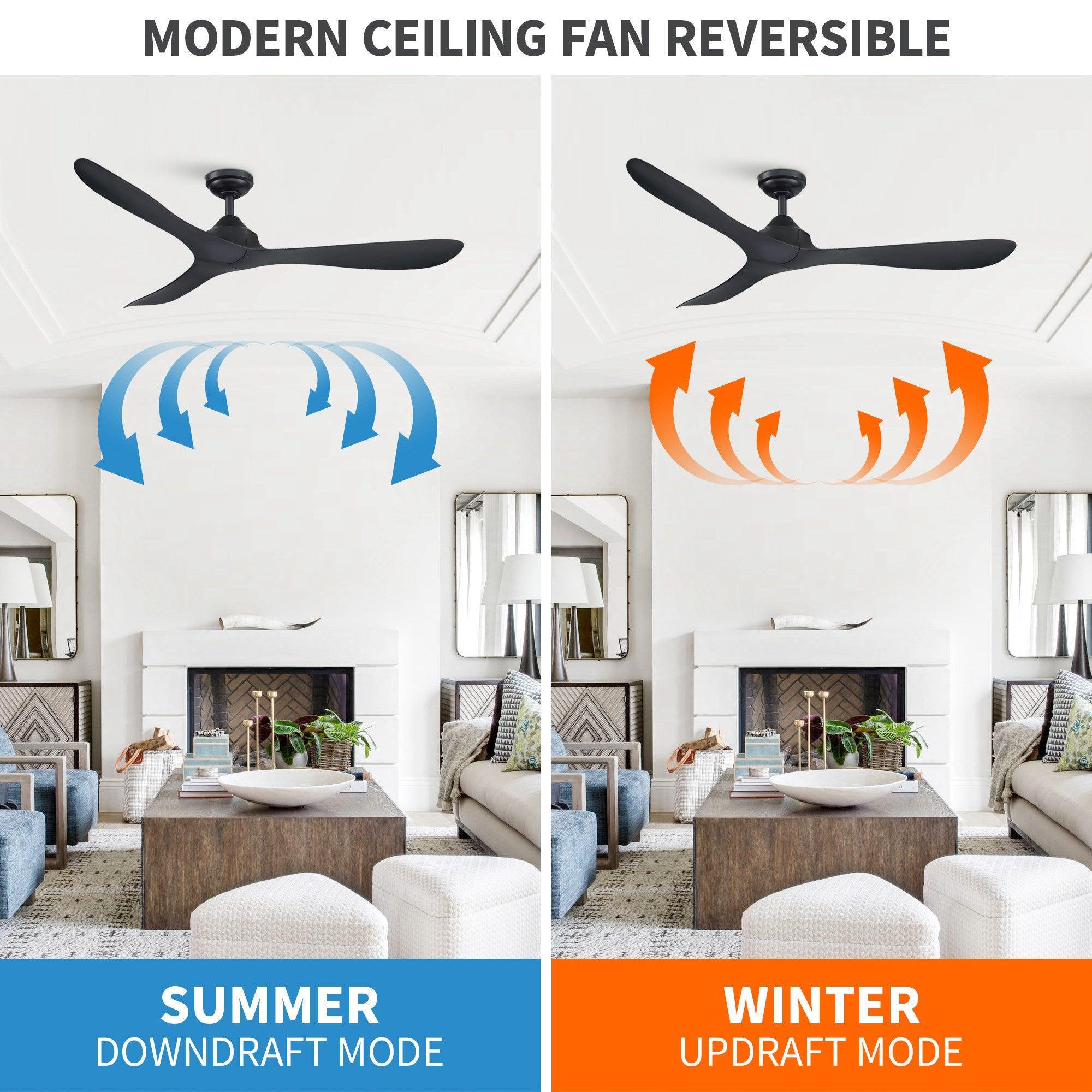 Black reversible ceiling fan showing summer and winter airflow directions.