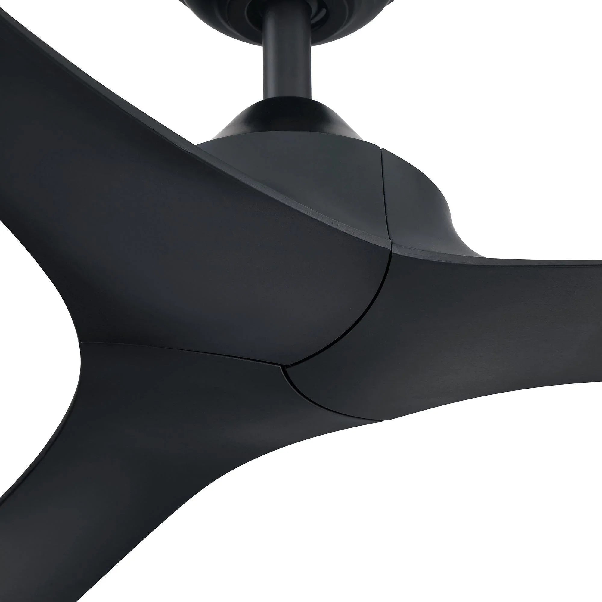 Black ceiling fan blade arm and hub connection with smooth matte finish.