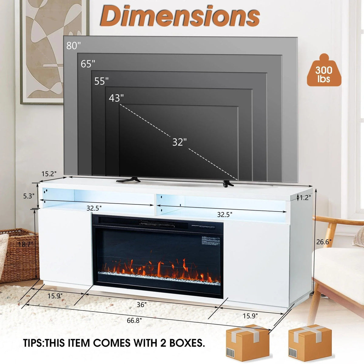 White TV stand with centered electric fireplace insert, showing measurement layout