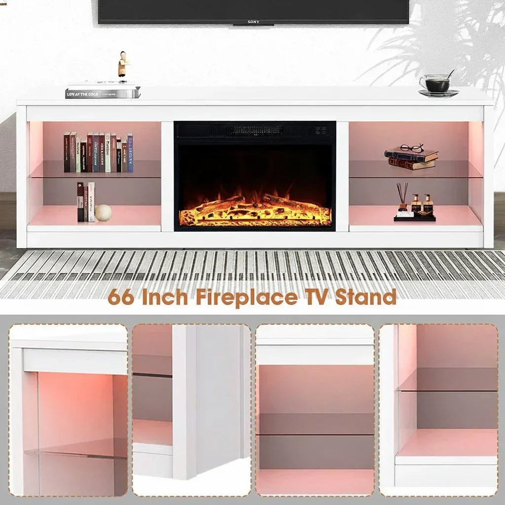 Parrot Uncle Modern 66-Inch LED TV Stand with 23-Inch Insert Electric Fireplace for Living Room
