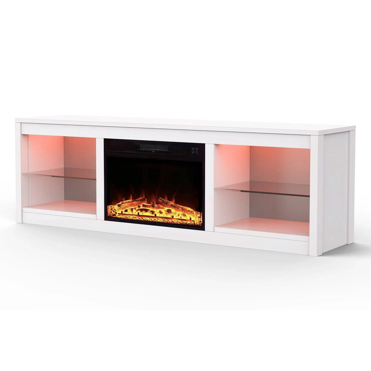 White TV stand with electric fireplace insert and open shelves, side-by-side compartments.