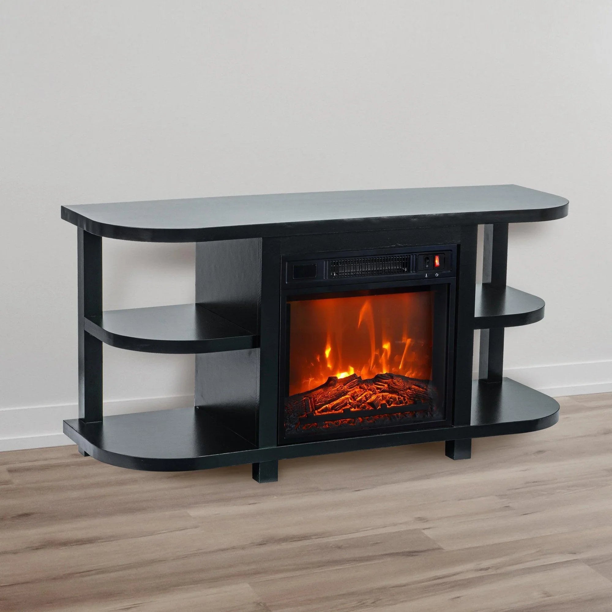 Modern TV stand with black electric fireplace insert and curved open storage shelves
