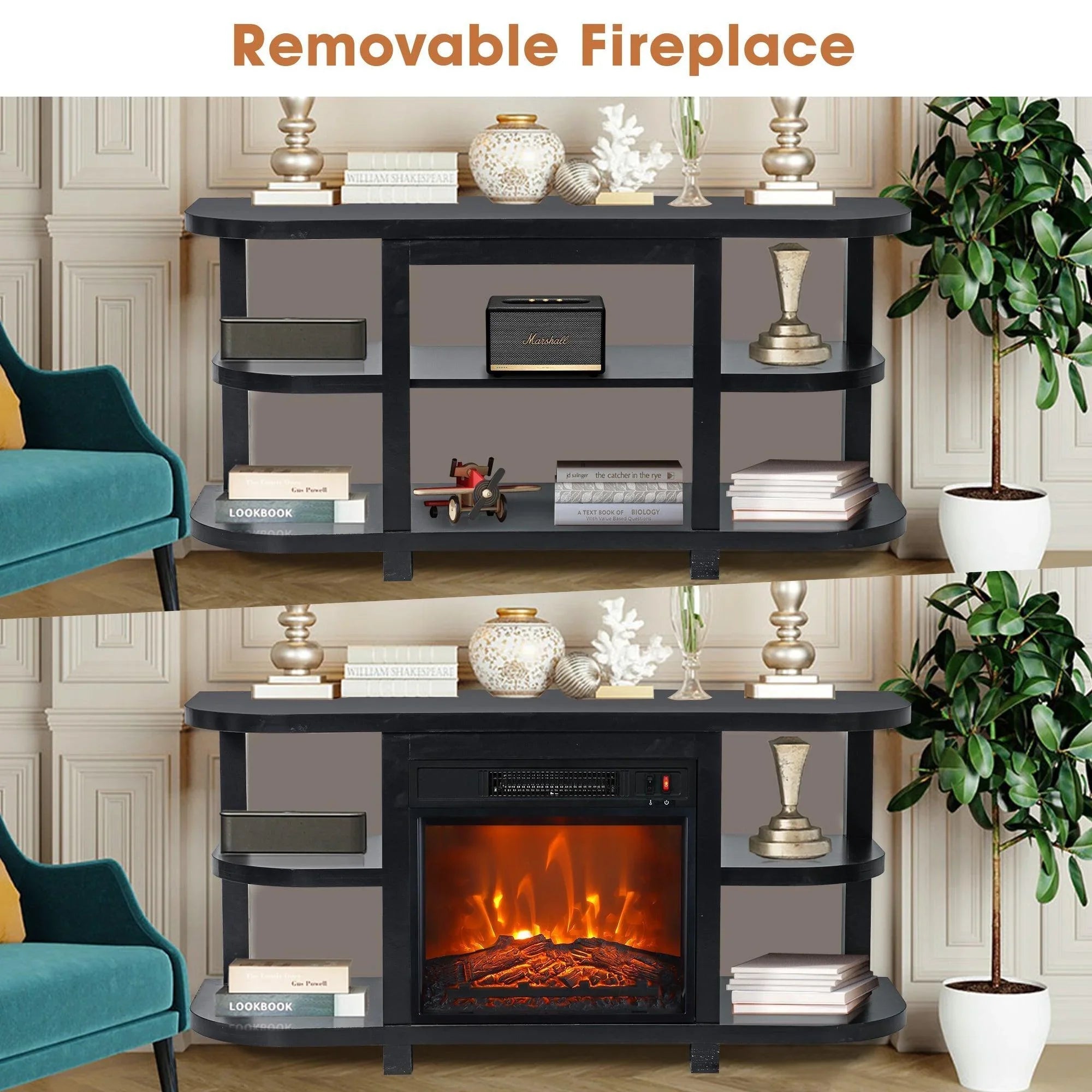 Black 48-inch TV stand with electric fireplace insert and open shelves for storage