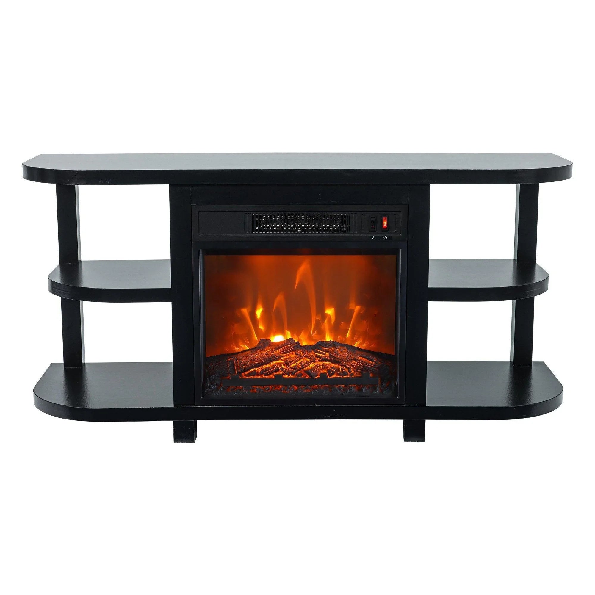 Black oval-top TV stand with built-in electric fireplace insert and two side shelves