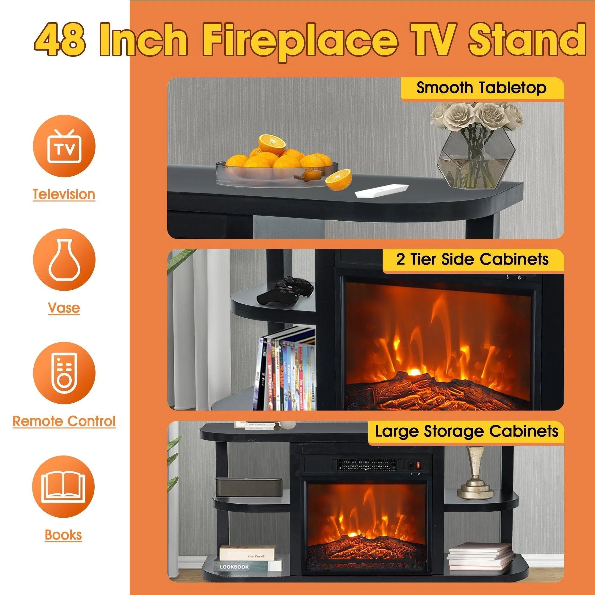48-inch TV stand with electric fireplace insert, side cabinets, and smooth tabletop