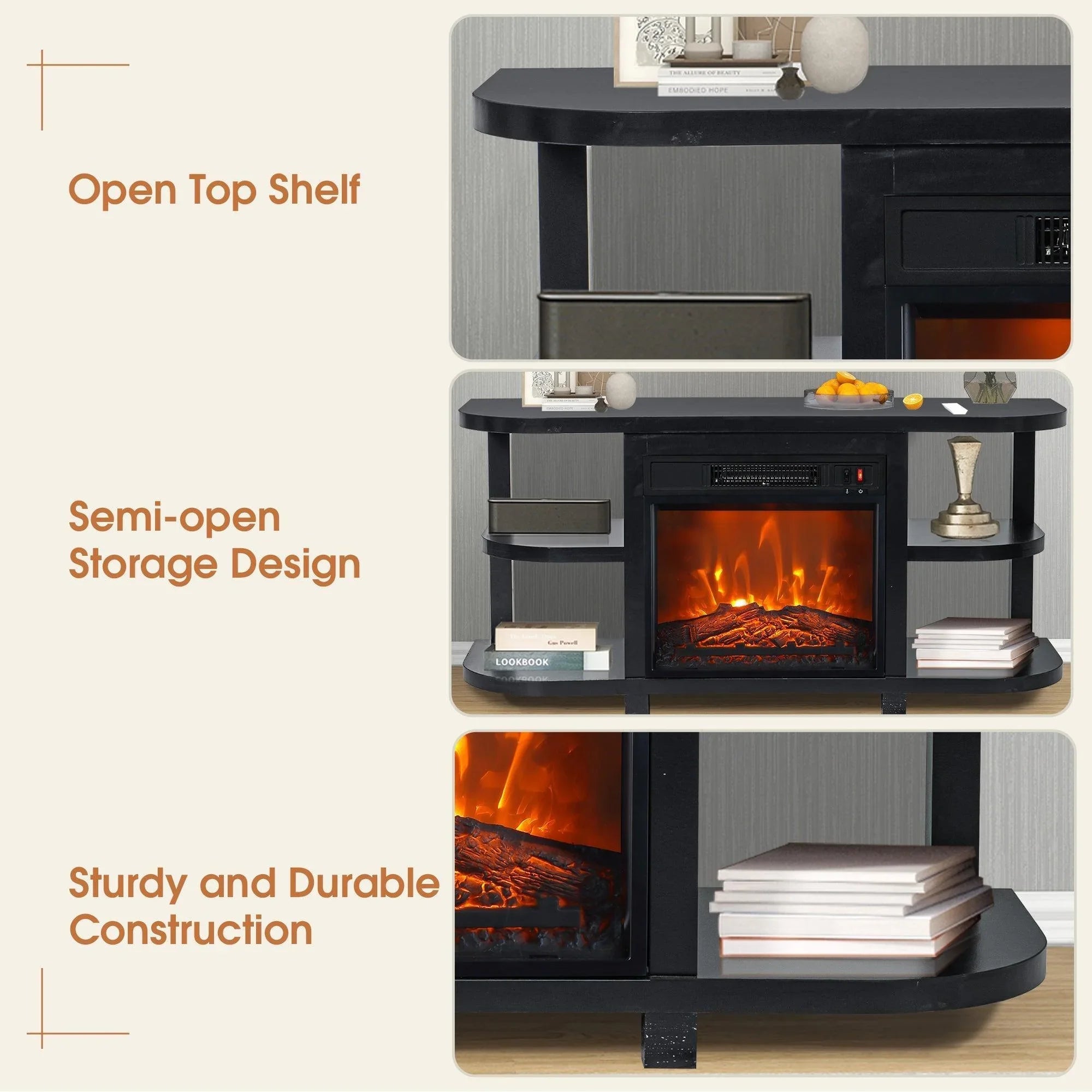 Modern TV stand with black electric fireplace insert showing open top and semi-open storage