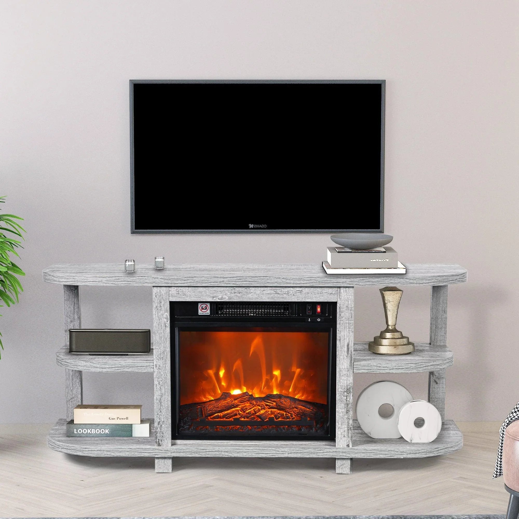 Light grey modern TV stand with electric fireplace insert and decorative open storage
