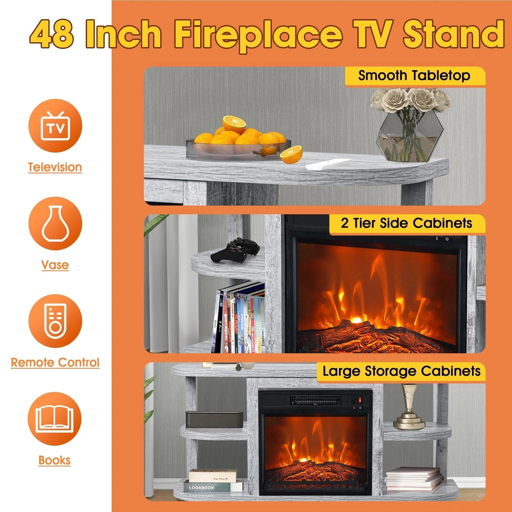 48-inch fireplace TV stand with removable insert, side cabinets, and storage compartments