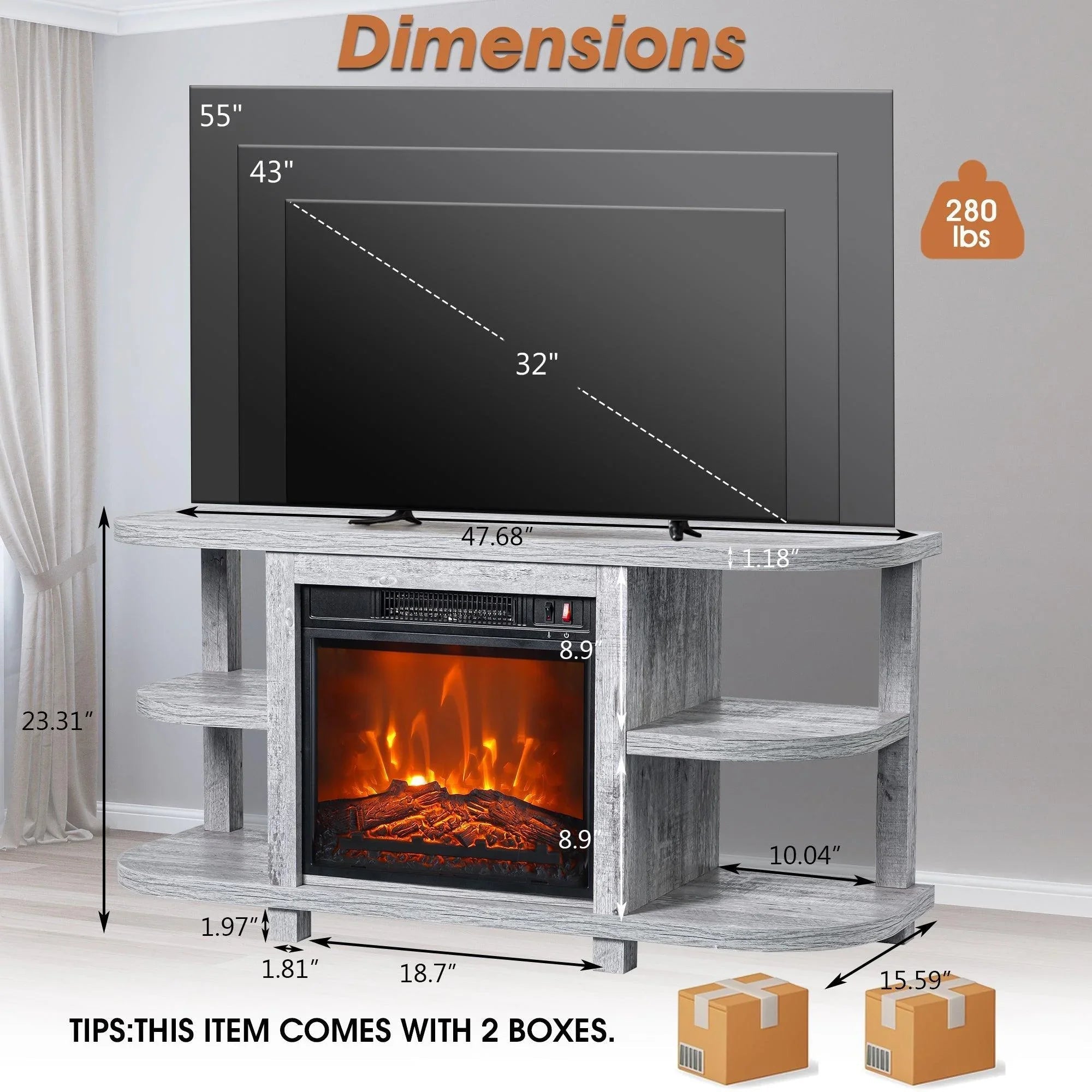 Grey TV stand with electric fireplace insert, shown with size dimensions for placement