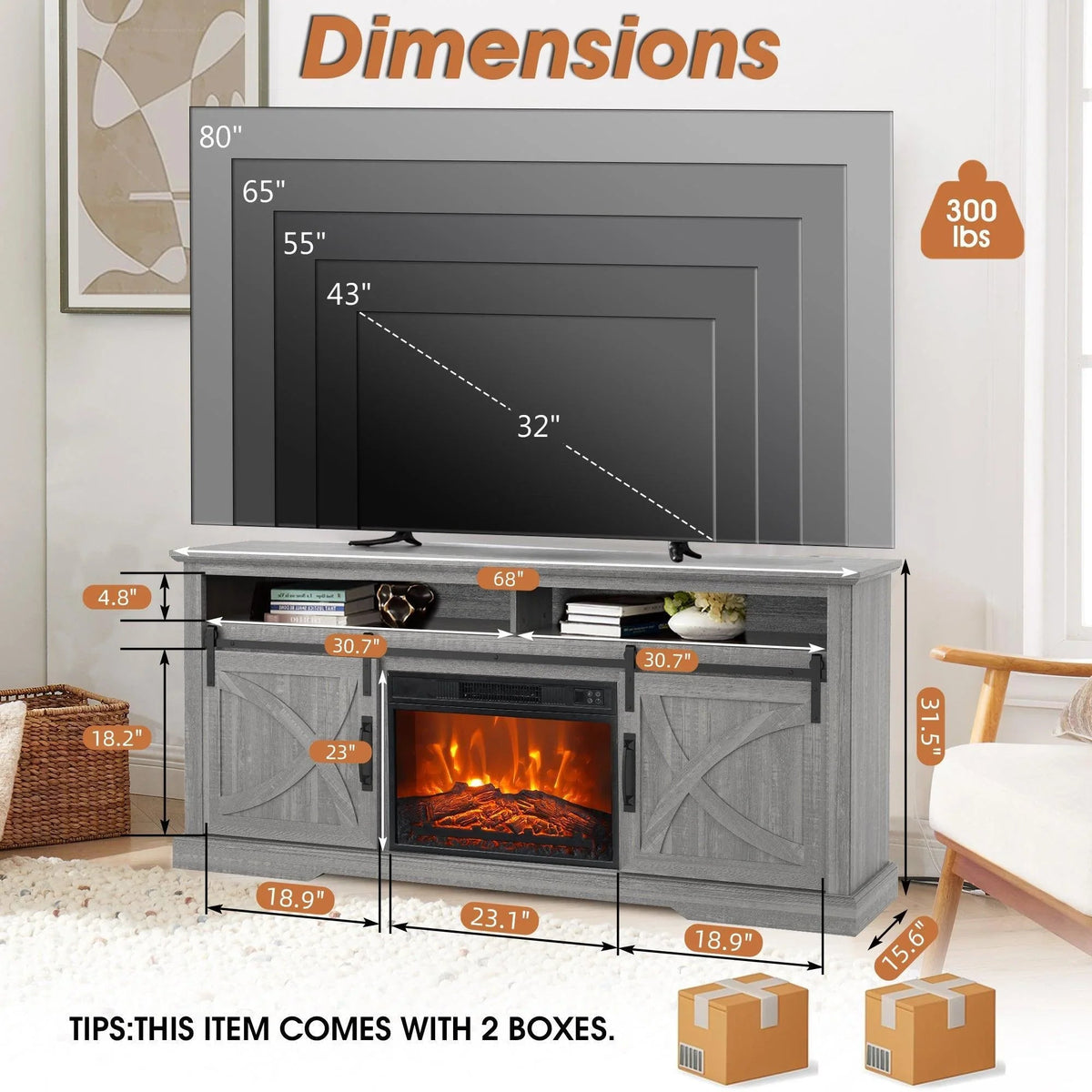 Farmhouse TV stand with electric fireplace, grey finish with dimension diagram for the unit