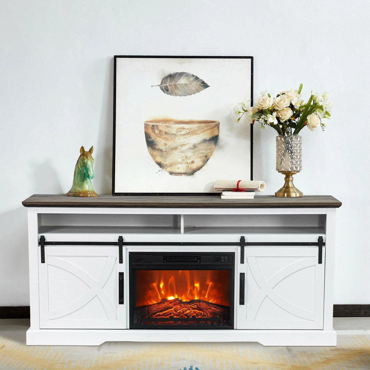 White farmhouse TV stand with electric fireplace insert and two cabinet doors, simple decor