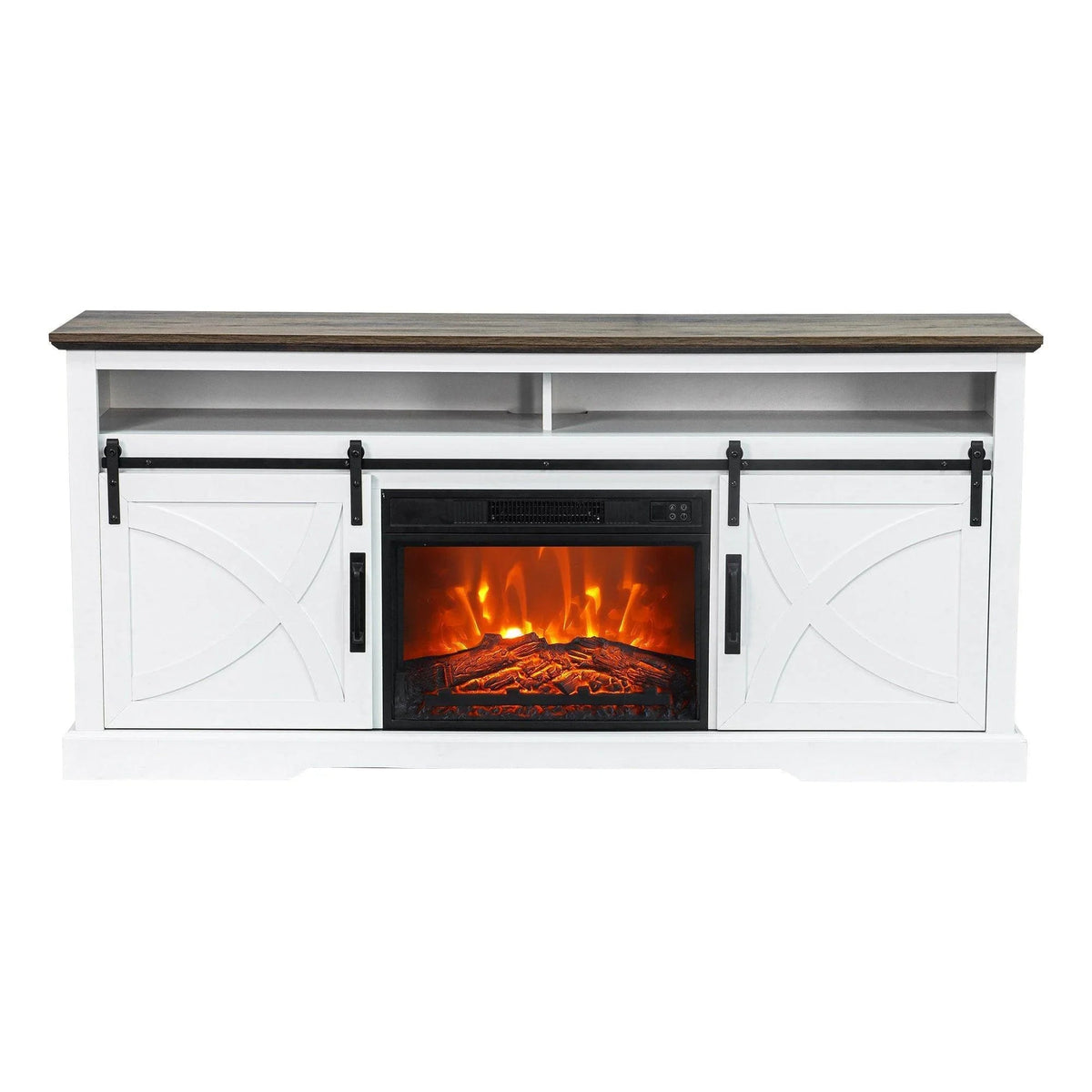 White farmhouse TV stand with electric fireplace opening, two cabinet doors and dark handles