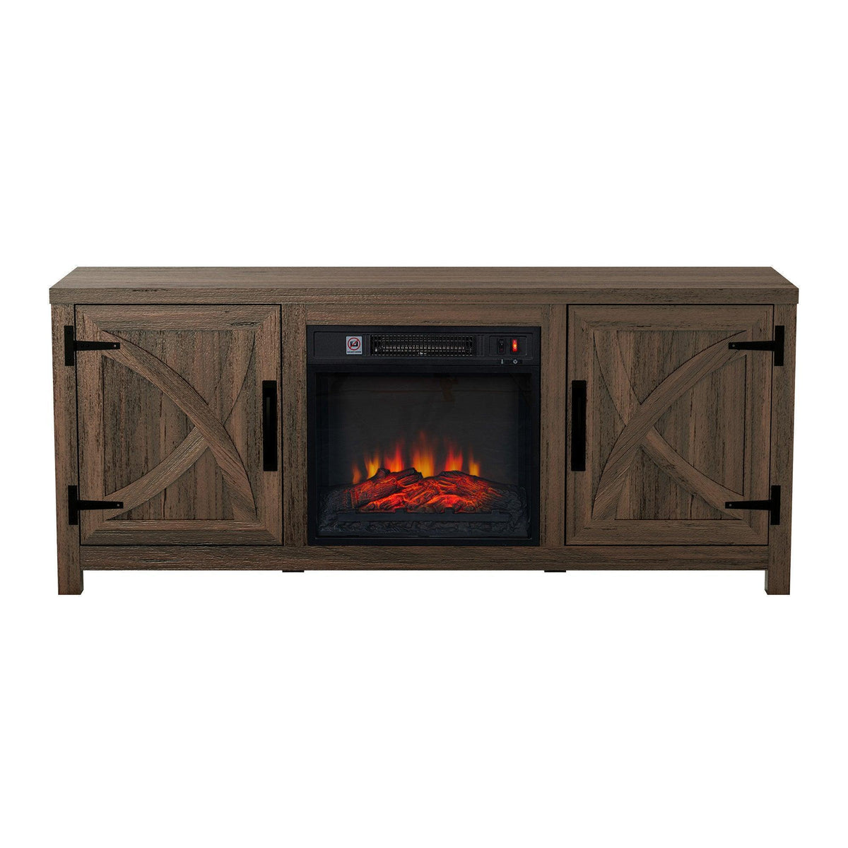 Brown farmhouse TV stand with electric fireplace insert and two paneled cabinet doors