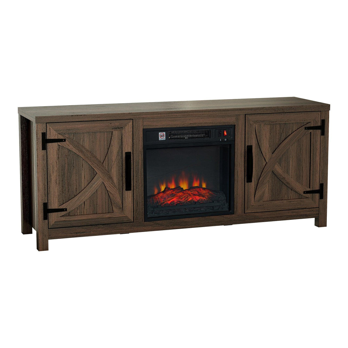 Brown farmhouse TV stand with electric fireplace insert, side view of paneled doors