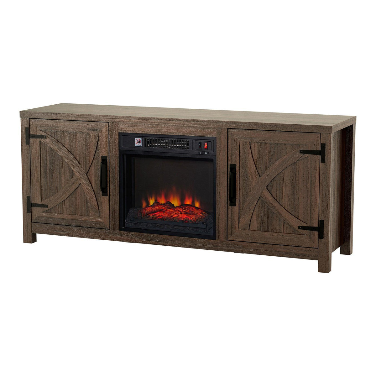 Brown farmhouse TV stand with electric fireplace insert and two cabinet doors with black handles