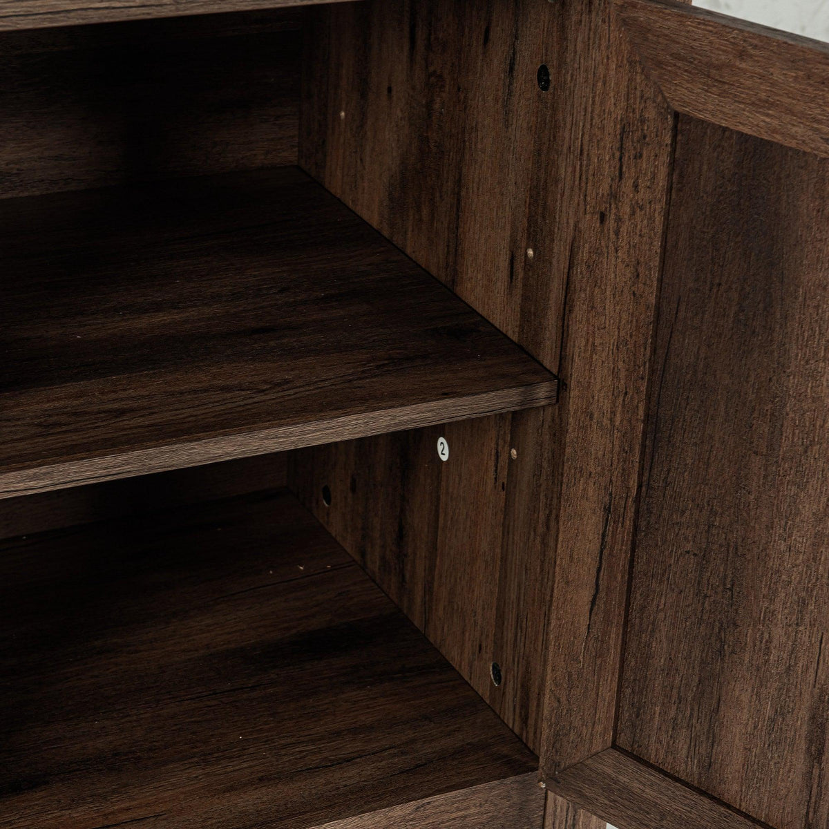 Brown farmhouse TV stand interior shelves with open storage compartments