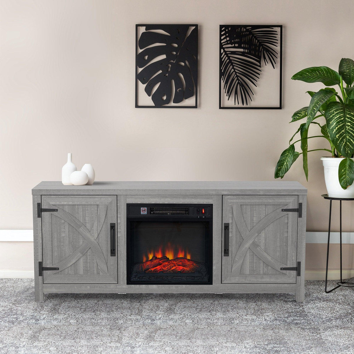 Grey farmhouse TV stand with electric fireplace insert and two cabinet doors