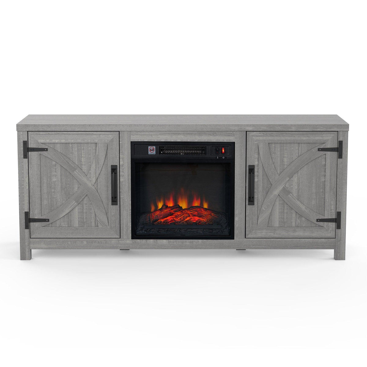 Grey farmhouse TV stand with built-in electric fireplace, two paneled cabinet doors