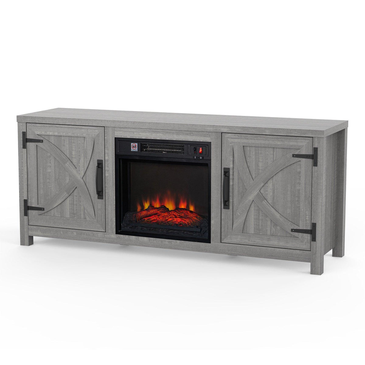 Grey farmhouse TV console with built-in electric fireplace and framed cabinet doors