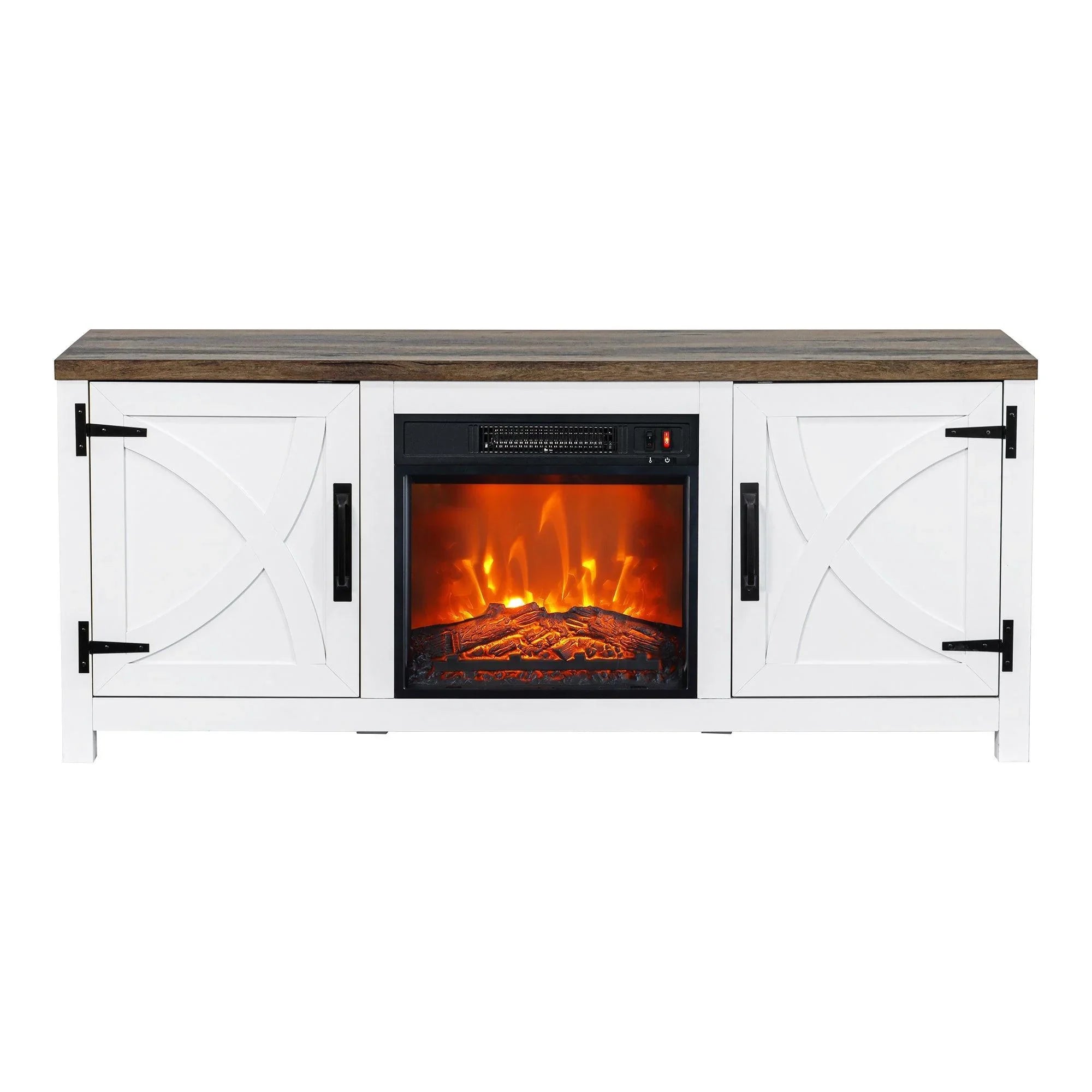 White farmhouse TV stand with electric fireplace insert and rustic wood tabletop