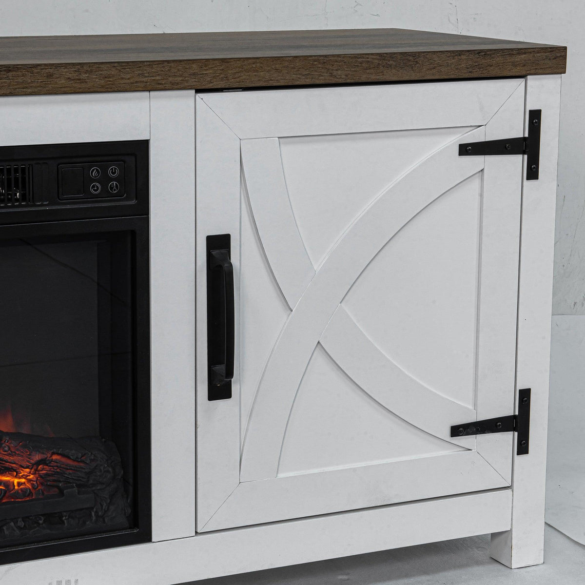 White TV stand cabinet door with embossed panel and black handle hardware