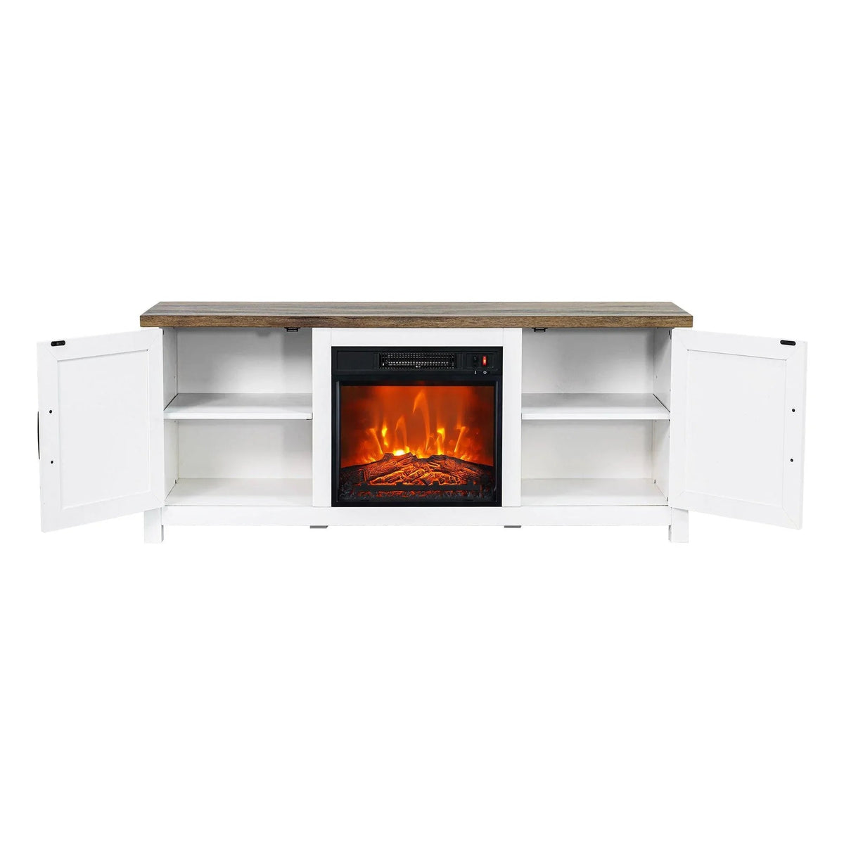 White farmhouse TV stand with open cabinets and built-in electric fireplace