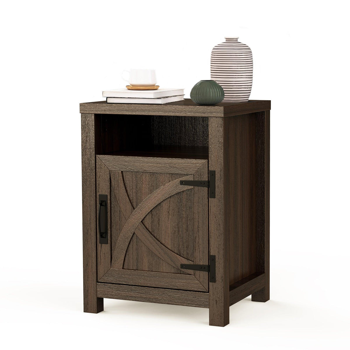 Dark brown farmhouse nightstand with paneled door and metal latch