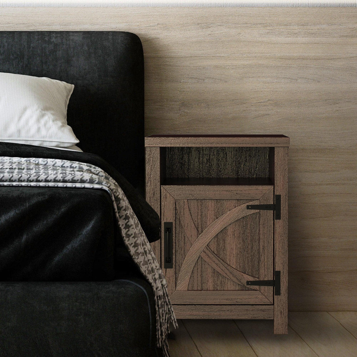 Wood nightstand with X-pattern cabinet door and black metal handle