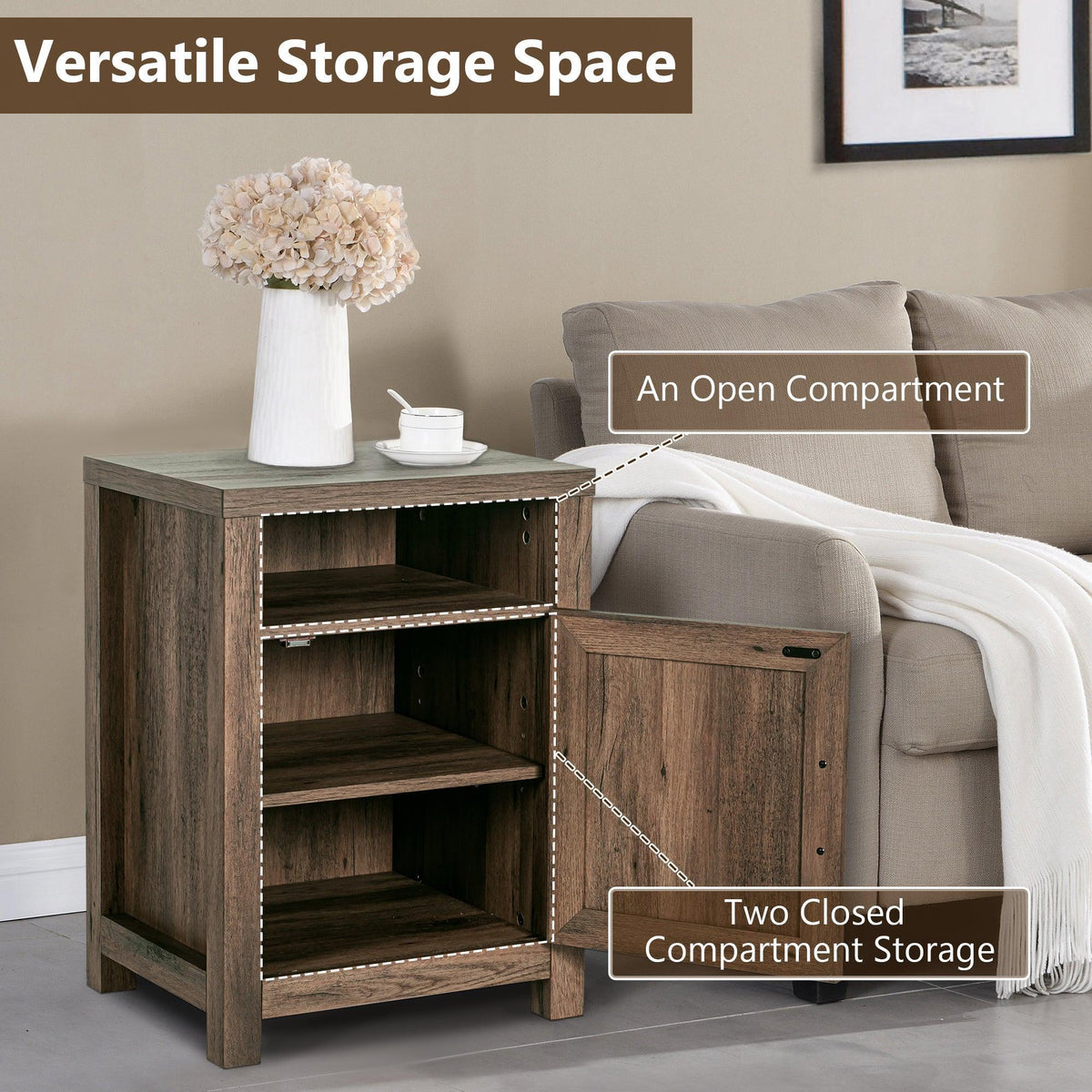 Brown farmhouse nightstand with open compartment and two closed storage sections