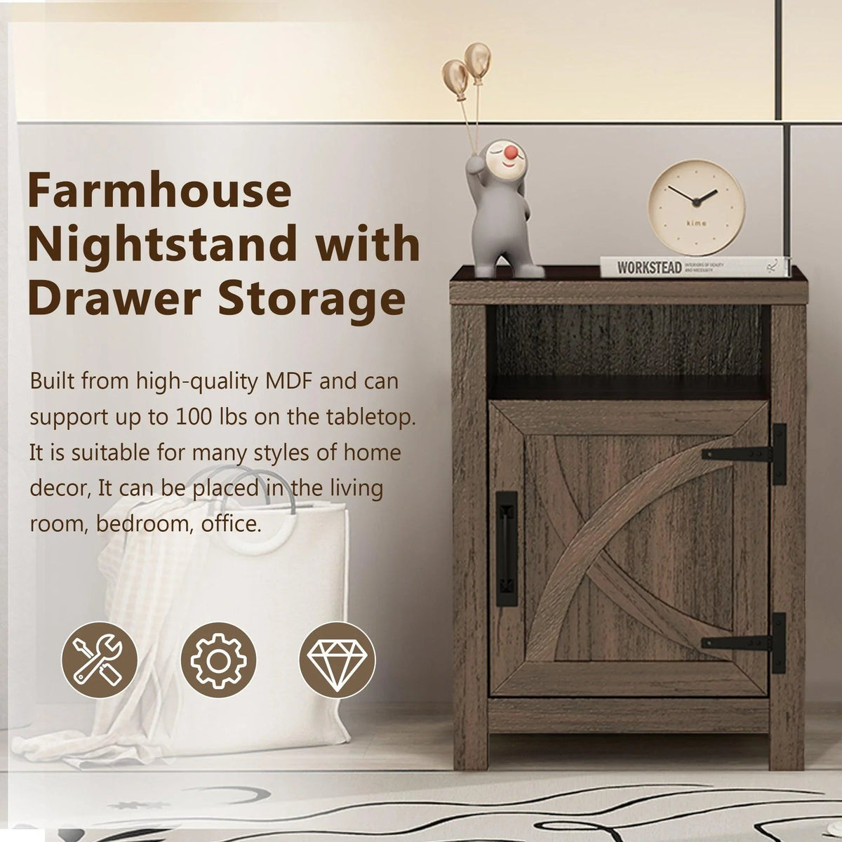 Farmhouse nightstand with drawer storage, dark wood finish, open shelving and door