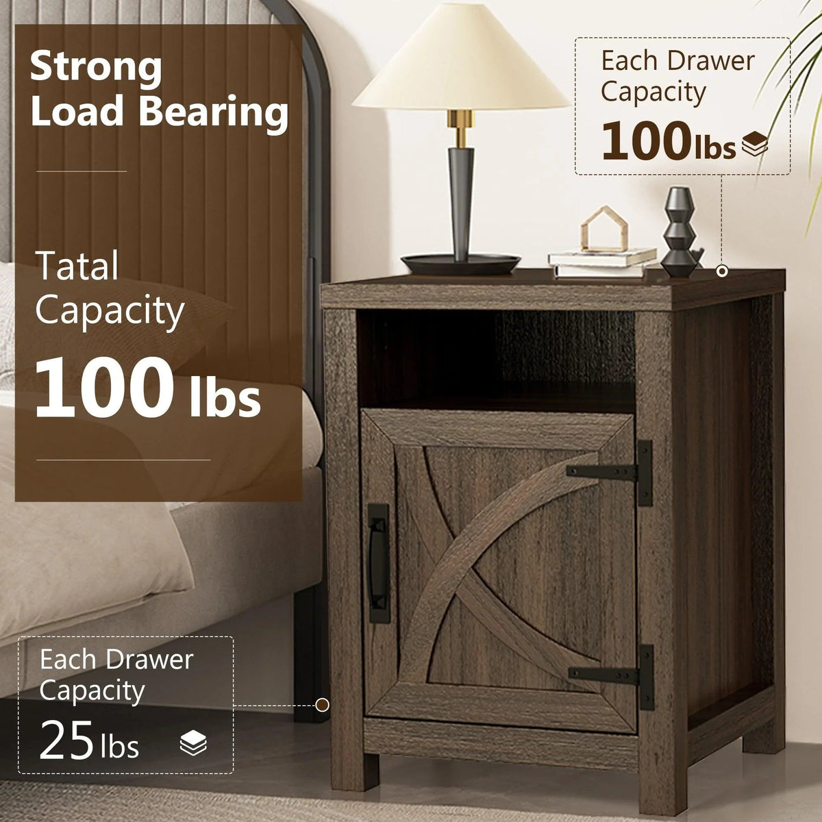 Farmhouse nightstand with single drawer, dark brown solid wood, arched door panel