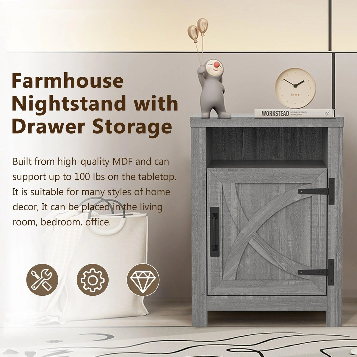 Grey farmhouse nightstand with draver-style door and open storage shelf