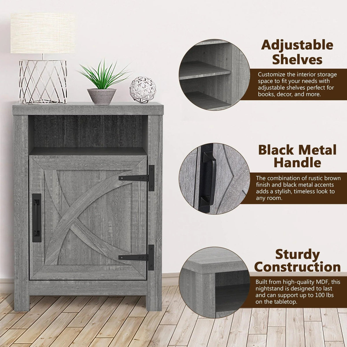 Grey nightstand with black metal handle and open interior shelves