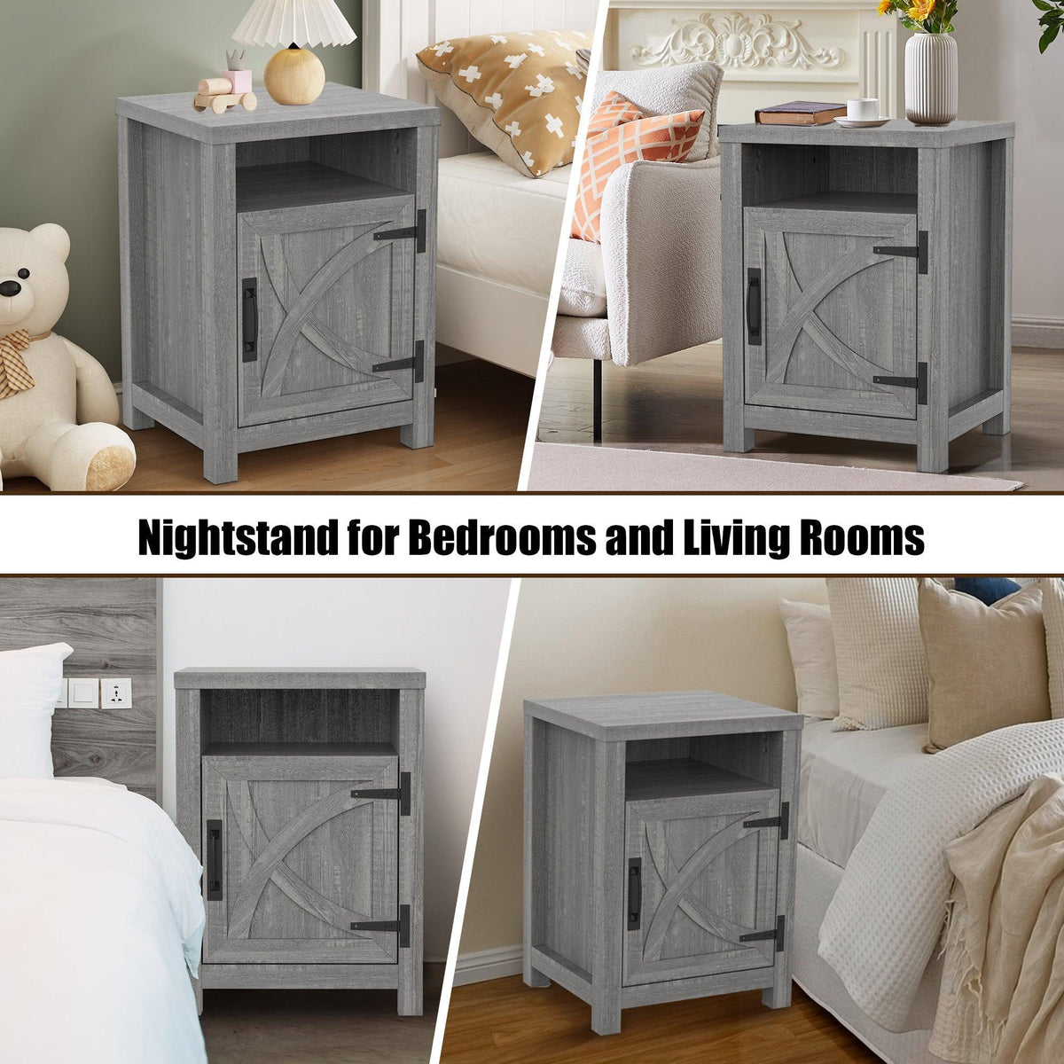 Grey farmhouse nightstand with door cabinet and open shelf in bedroom setting