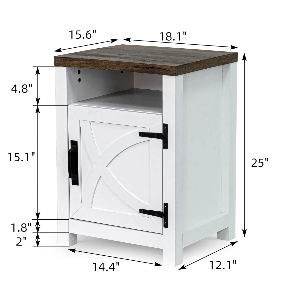 White farmhouse nightstand with door cabinet and open shelves, 25 in tall