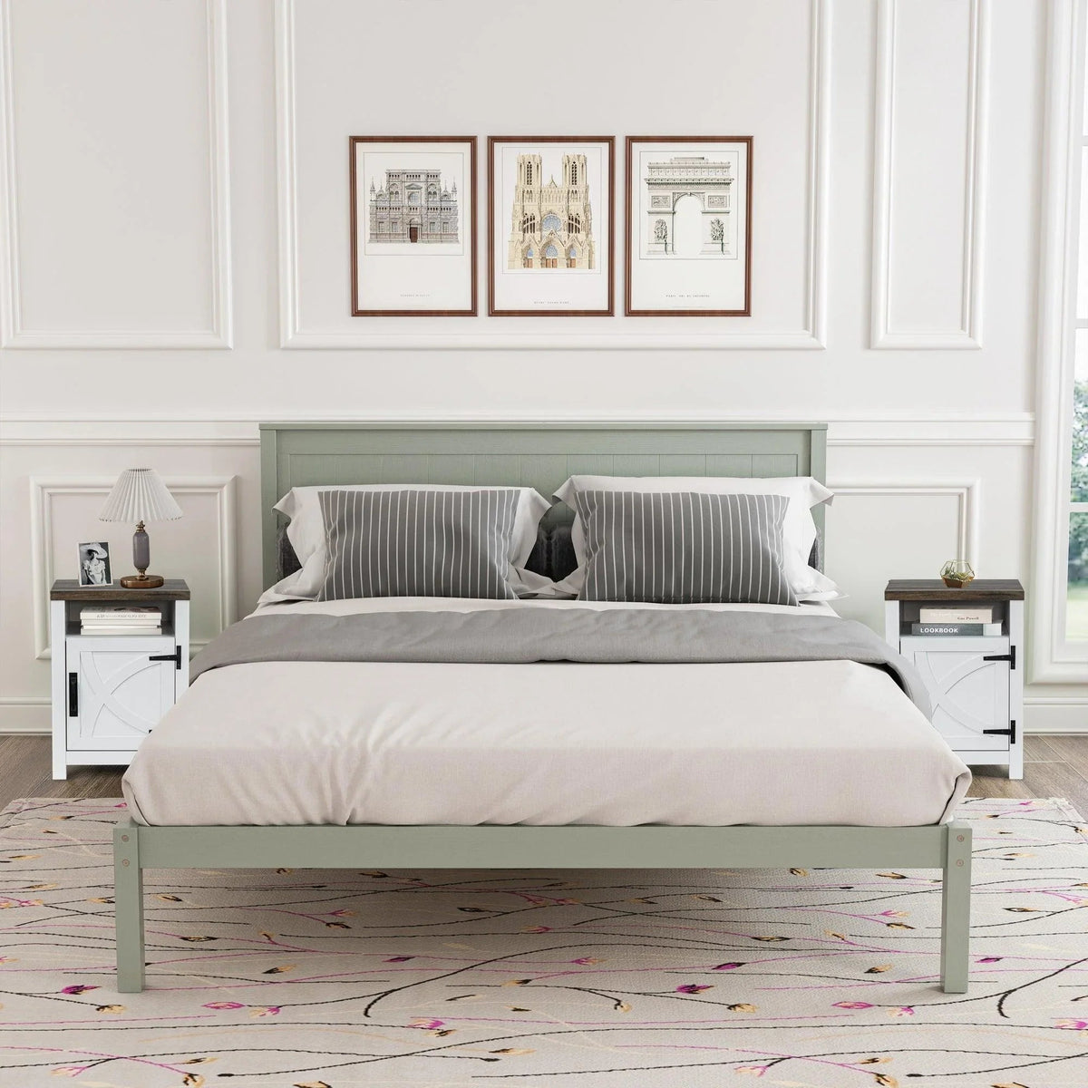White farmhouse nightstand with greenish tabletop and black door handle