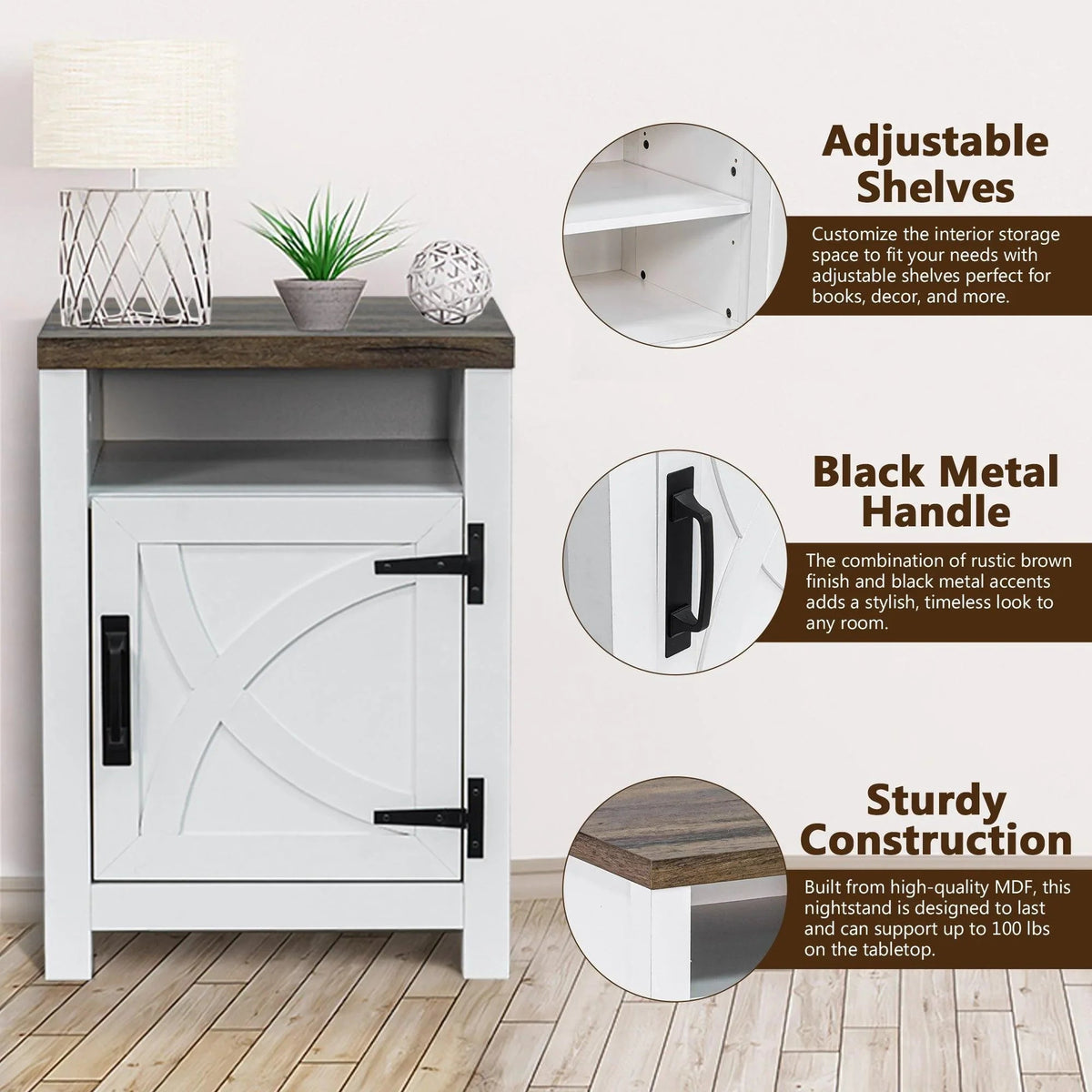 Farmhouse nightstand in white with dark top, black handle, open storage shelf