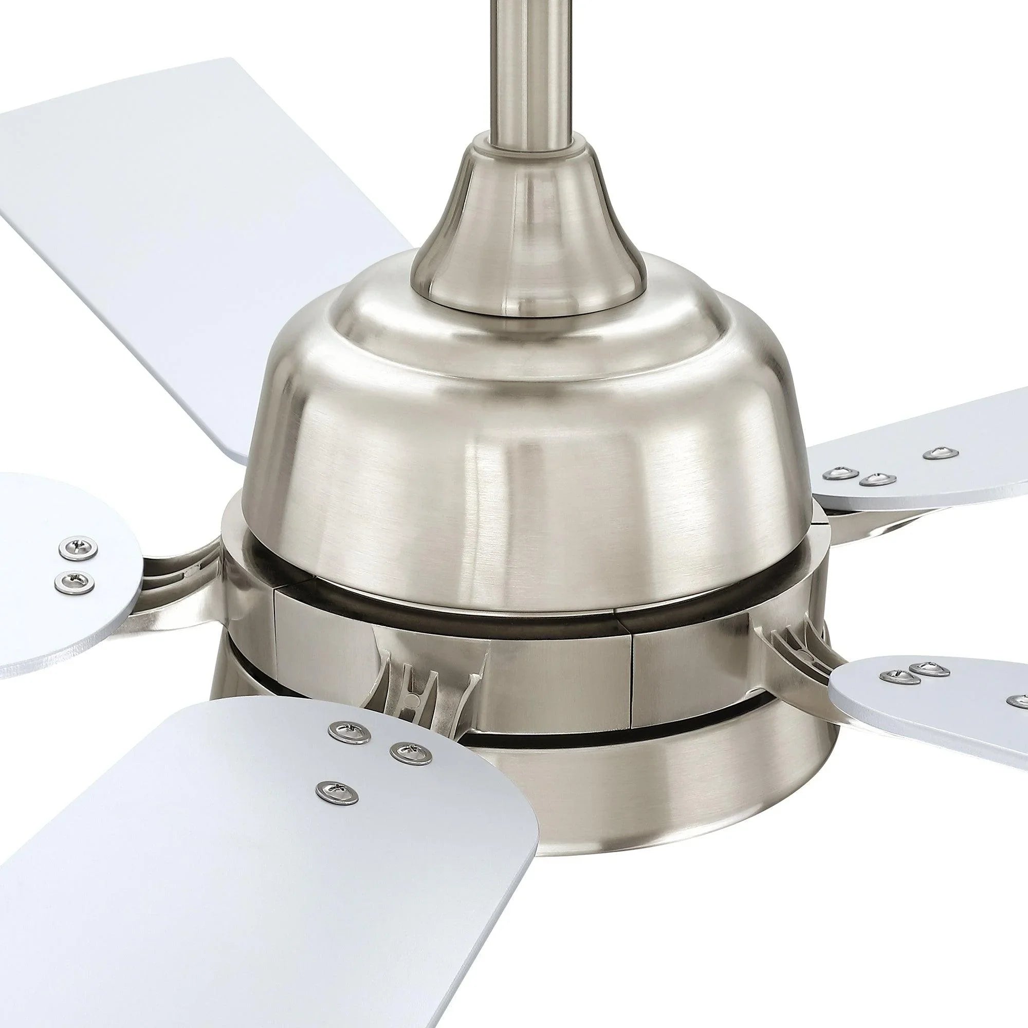Close-up of Brush Nickel ceiling fan housing and blade mounts with integrated light