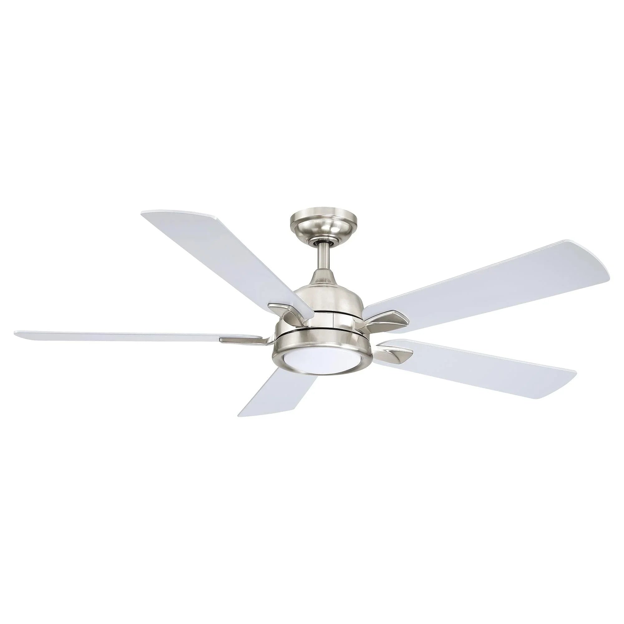 Brush Nickel ceiling fan with five white blades and integrated light fixture