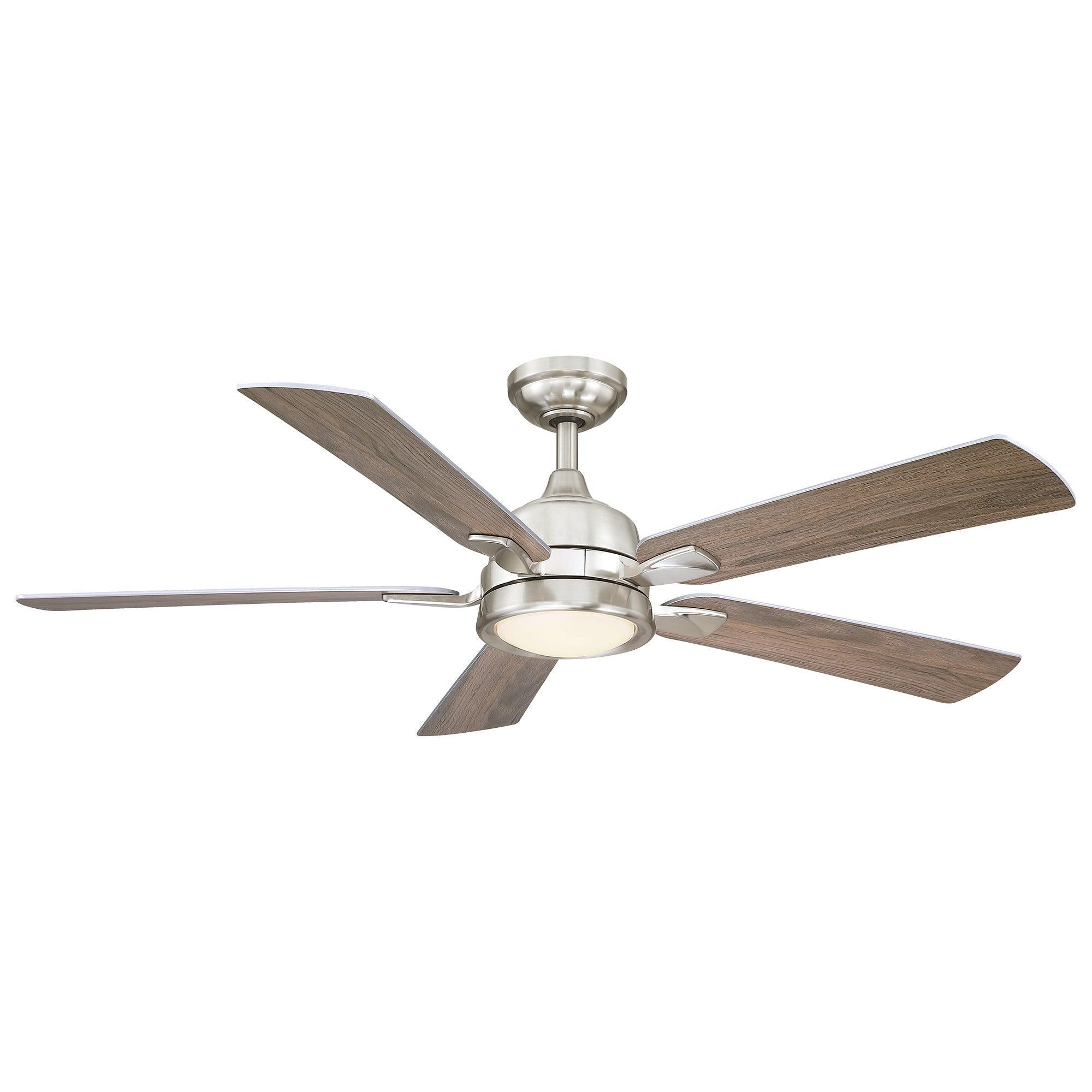 Brush Nickel ceiling fan with five wood-grain blades and round light